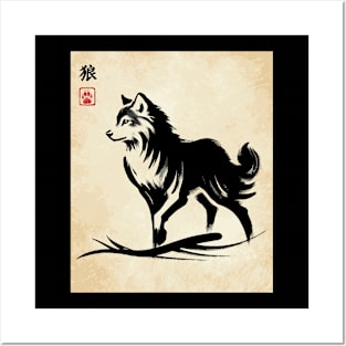 Minimalist Wolf Ink Japanese Streetwear Novelty Retro Wolf Posters and Art